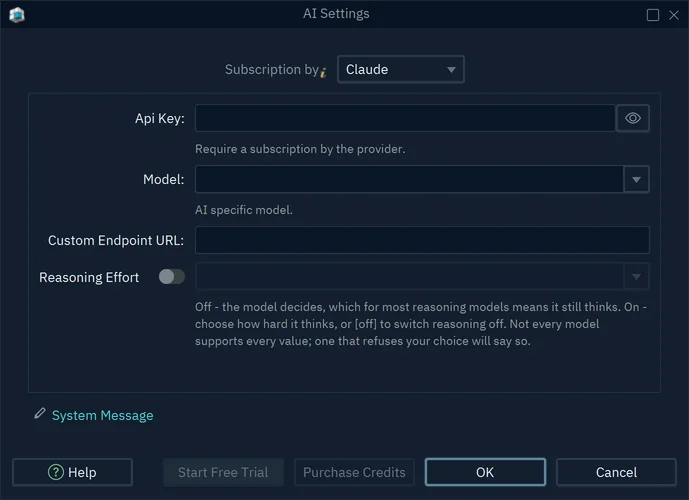The AI Settings dialog with Claude chosen in Subscription by, and the empty fields Api Key, Model and Custom Endpoint URL