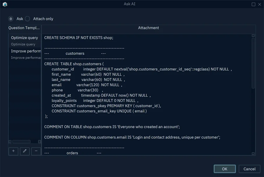 The Ask AI dialog with the question templates Optimize query and Improve performance, and the CREATE TABLE statement of customers as the attachment