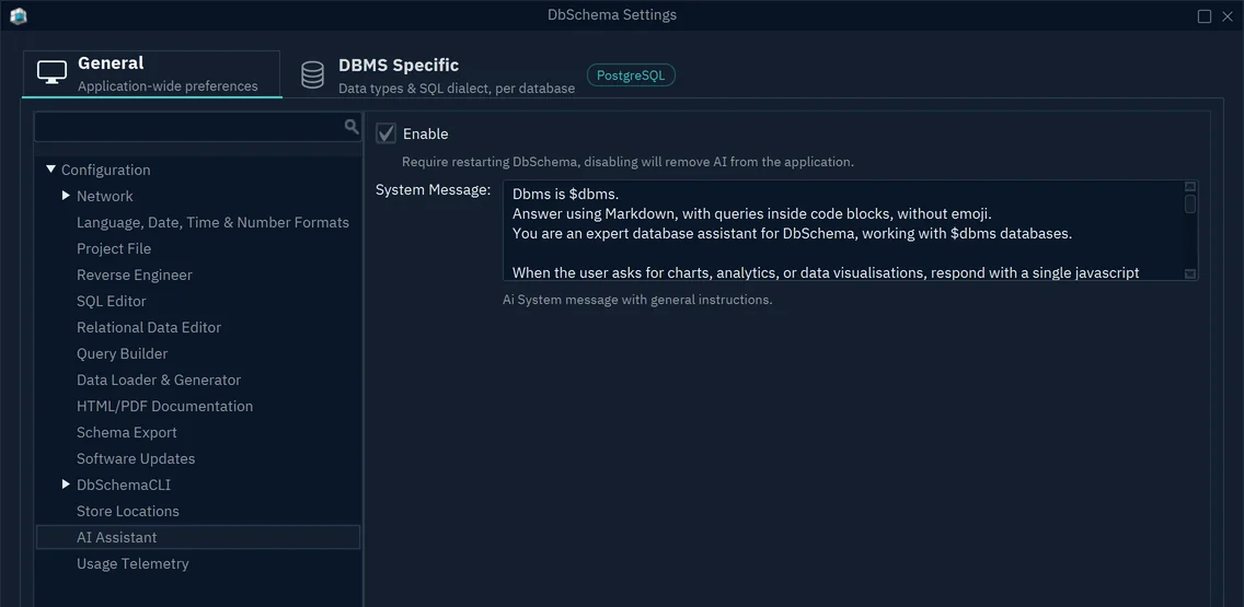 The DbSchema Settings dialog with AI Assistant selected: the Enable check box and the System Message