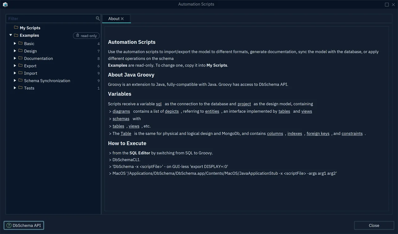 The About tab of the Automation Scripts dialog, which lists the variables a script receives and the ways to run it