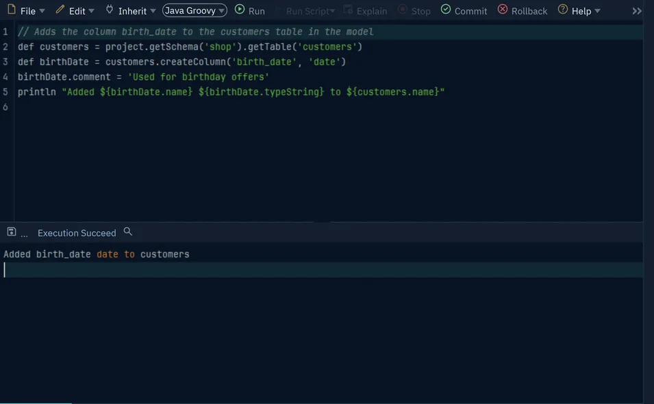 The Add Column script and its output: Added birth_date date to customers