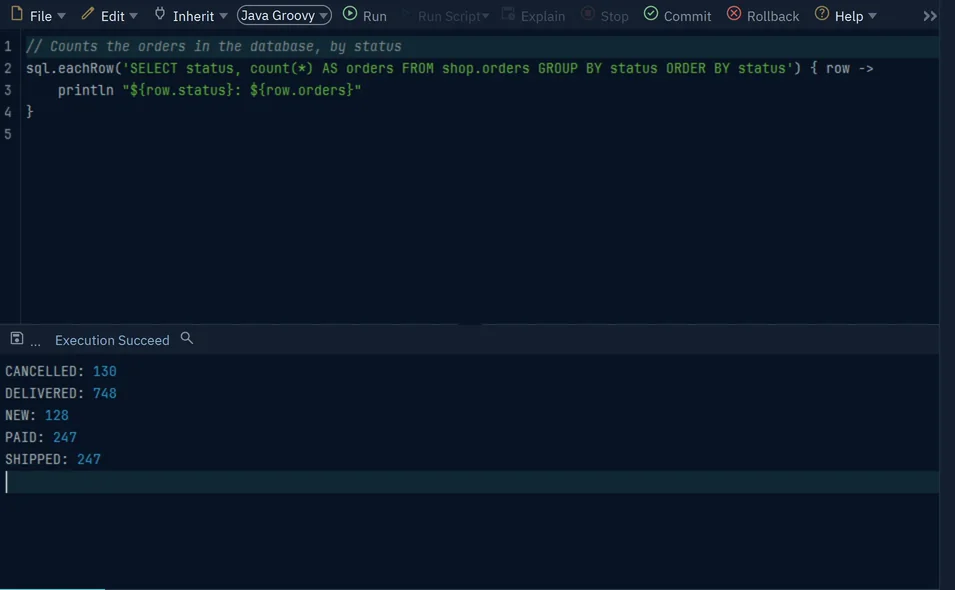The Count Orders script and its output: CANCELLED 130, DELIVERED 748, NEW 128, PAID 247, SHIPPED 247