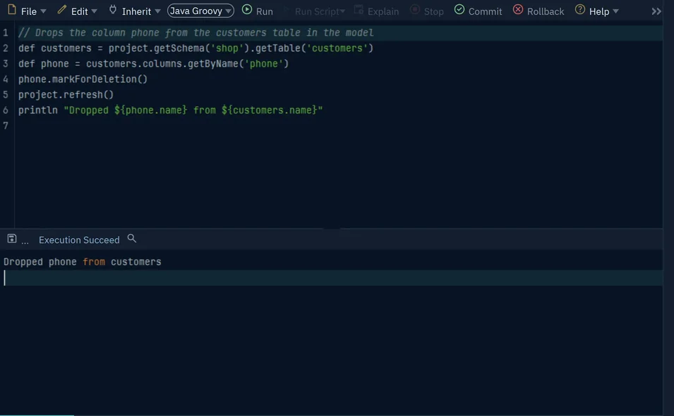 The Drop Column script and its output: Dropped phone from customers