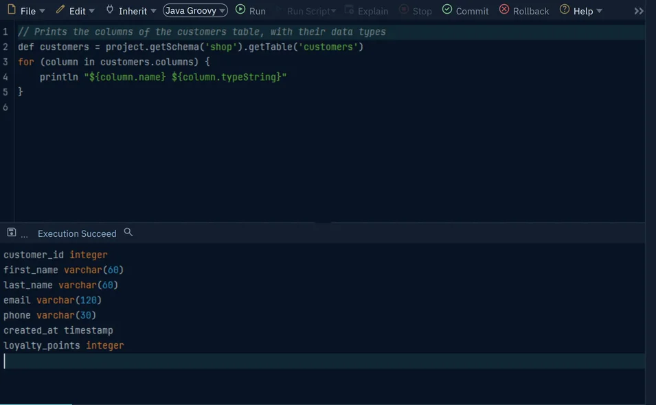 The script that lists the columns of customers, with customer_id integer, first_name varchar(60) and the other columns in the output