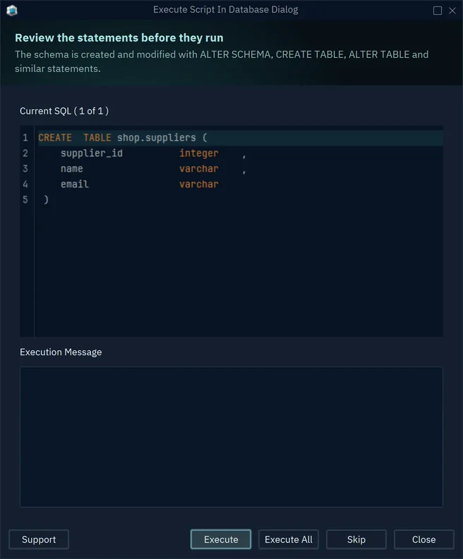 The Execute Script In Database Dialog with the statement CREATE TABLE shop.suppliers, created from the CSV script