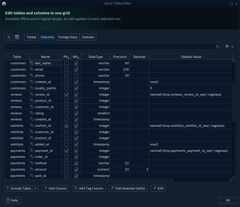 The Quick Table Editor in the flat list, with a Table column and the columns of customers, reviews, wishlists and payments