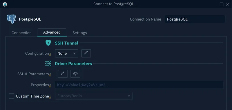 The Advanced tab: SSH Tunnel Configuration None, SSL &amp; Parameters with its edit and preview buttons, Properties and Custom Time Zone
