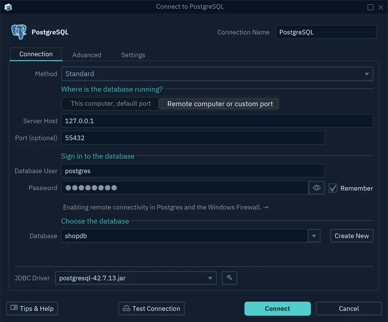 The Connect to PostgreSQL dialog: Method Standard, Remote computer or custom port with host 127.0.0.1 and port 55432, user postgres and database shopdb