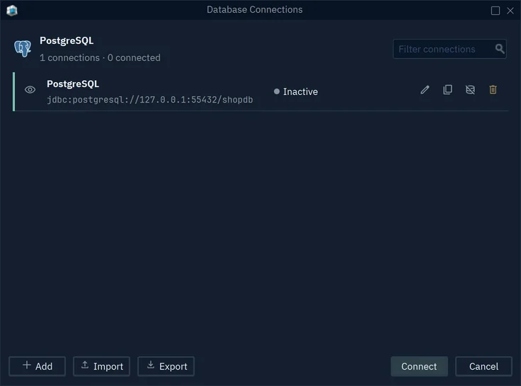 The Database Connections window listing the PostgreSQL connection with its edit, clone, disconnect and delete buttons