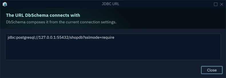 The JDBC URL window showing jdbc:postgresql://127.0.0.1:55432/shopdb?sslmode=require