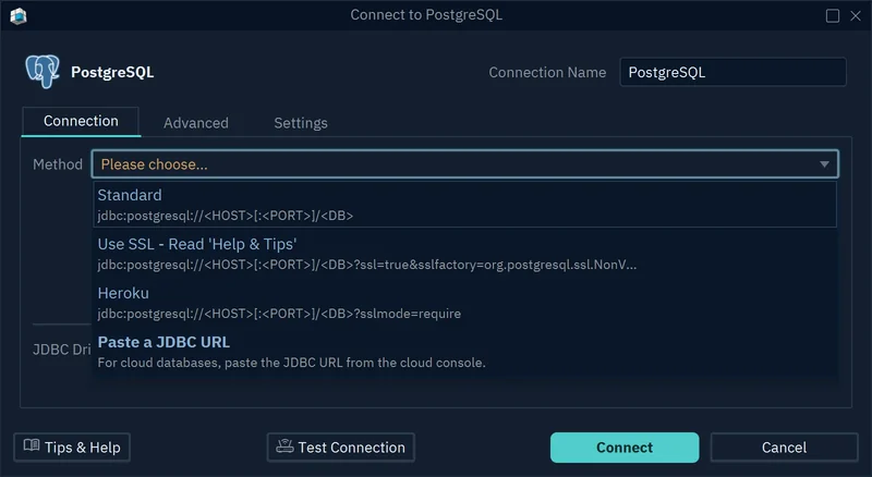 The Method list for PostgreSQL: Standard, Use SSL and Heroku, each with the JDBC URL it builds, and Paste a JDBC URL as the last entry