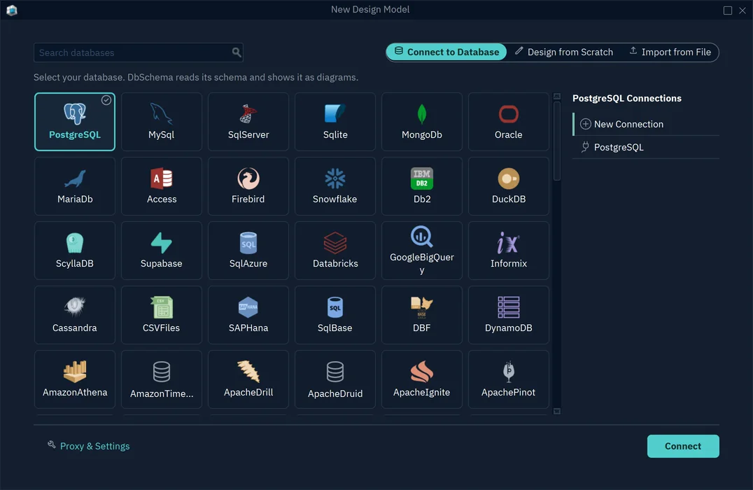 The New Design Model window with Connect to Database selected, PostgreSQL chosen and its saved connections listed on the right