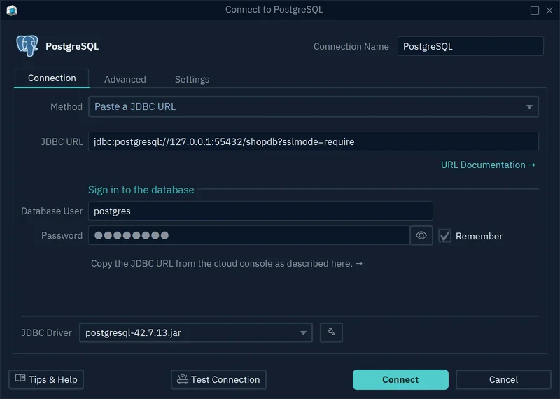 The Connect to PostgreSQL dialog with Method Paste a JDBC URL, the JDBC URL jdbc:postgresql://127.0.0.1:55432/shopdb?sslmode=require and the user postgres