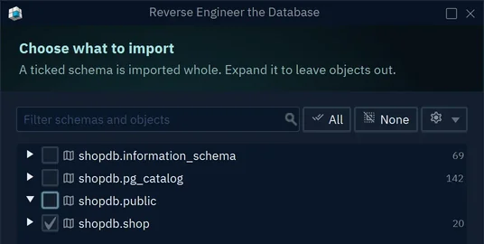 The Reverse Engineer the Database dialog listing the schemas of shopdb, with shopdb.shop ticked
