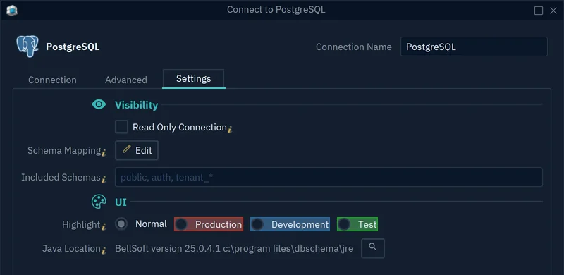 The Settings tab: Read Only Connection, Schema Mapping, Included Schemas, Highlight with Normal, Production, Development and Test, and Java Location