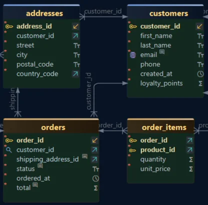 The diagram after the custom CSS: green table bodies and larger, yellow table names