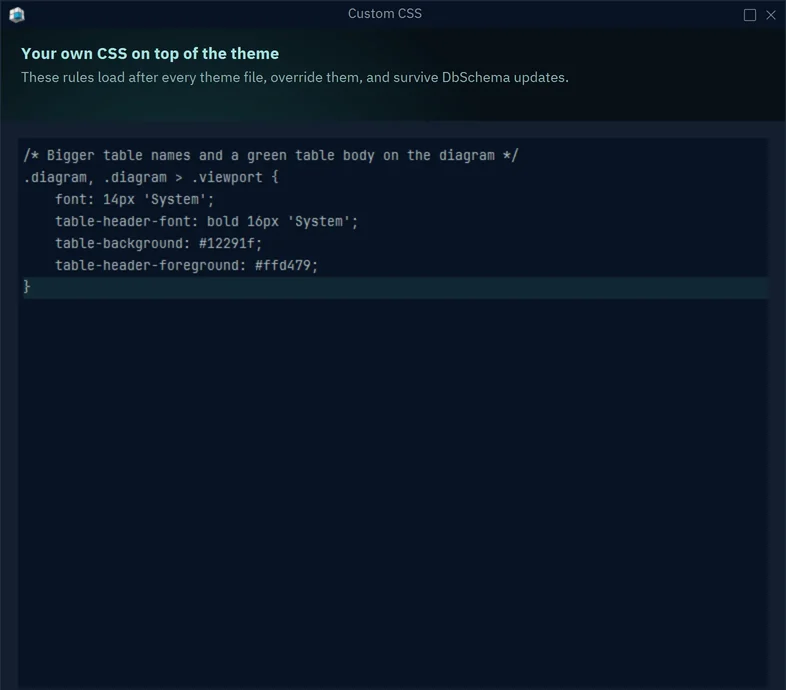 The Custom CSS dialog with a rule that sets a larger table header font, a green table body and yellow table names