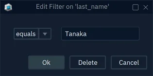 The dialog Edit Filter on 'last_name', with equals and the value Tanaka