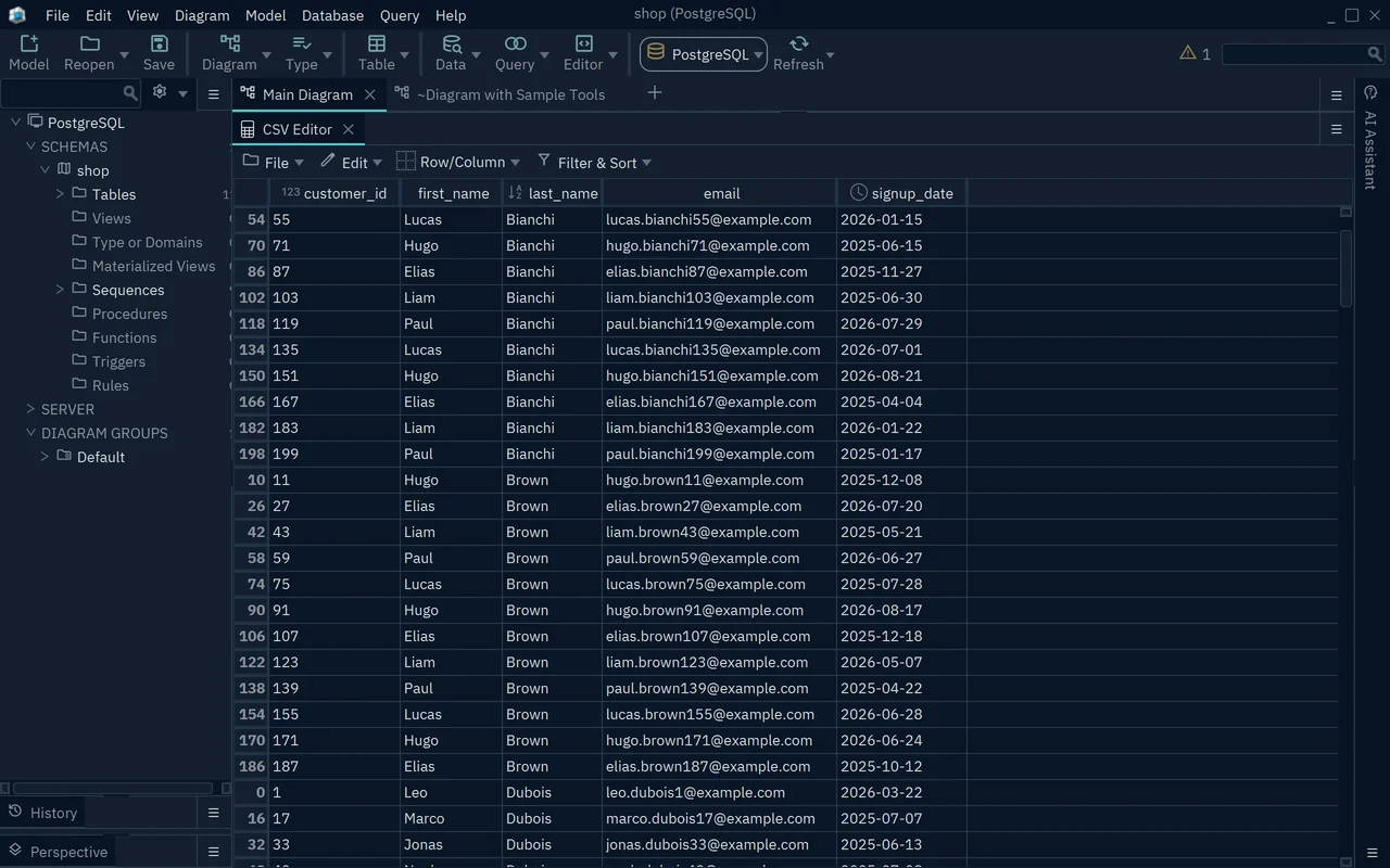 The CSV Editor with a file of customers sorted by last_name