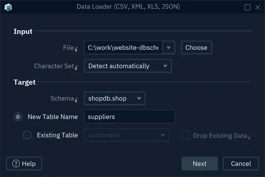 The Data Loader dialog with suppliers.csv chosen, the schema shopdb.shop and the new table name suppliers