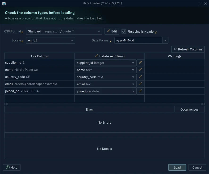 The second step of the Data Importer: each column of suppliers.csv with its first value and the database column and type it goes into