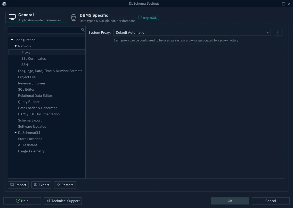 The Proxy page of the Settings dialog, with System Proxy set to Default Automatic