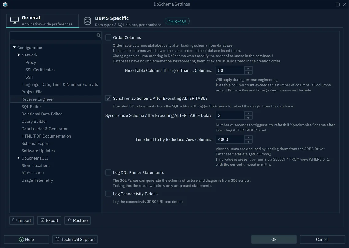 The DbSchema Settings dialog, General tab, with the Reverse Engineer page open: Order Columns and the other options