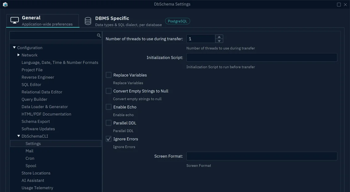 The DbSchema Settings dialog with DbSchemaCLI, Settings selected: Number of threads to use during transfer, Initialization Script, Replace Variables, Ignore Errors and other options