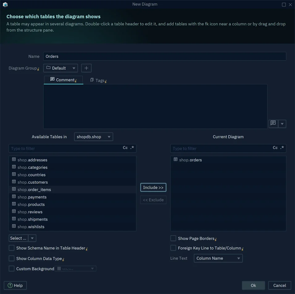 The New Diagram dialog with the name Orders and the table shop.orders in the Current Diagram list