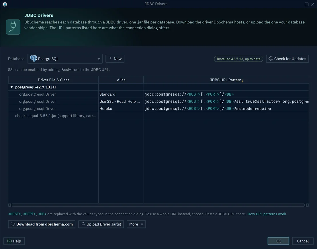The JDBC Drivers window for PostgreSQL: the driver postgresql-42.7.13.jar with its URL patterns Standard, Use SSL and Heroku