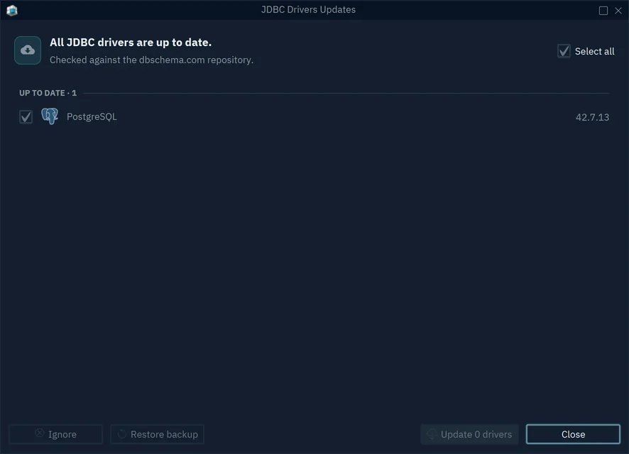 The JDBC Drivers Updates window saying all JDBC drivers are up to date, with PostgreSQL 42.7.13 listed