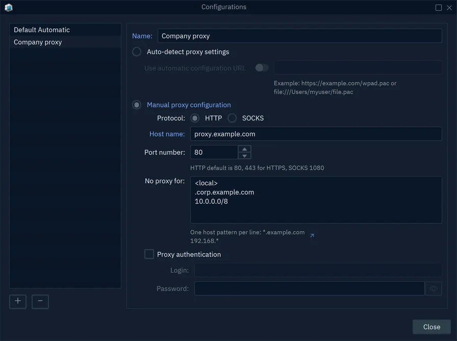 The proxy configuration Company proxy: Manual proxy configuration, HTTP, host proxy.example.com, port 80, and three No proxy for patterns