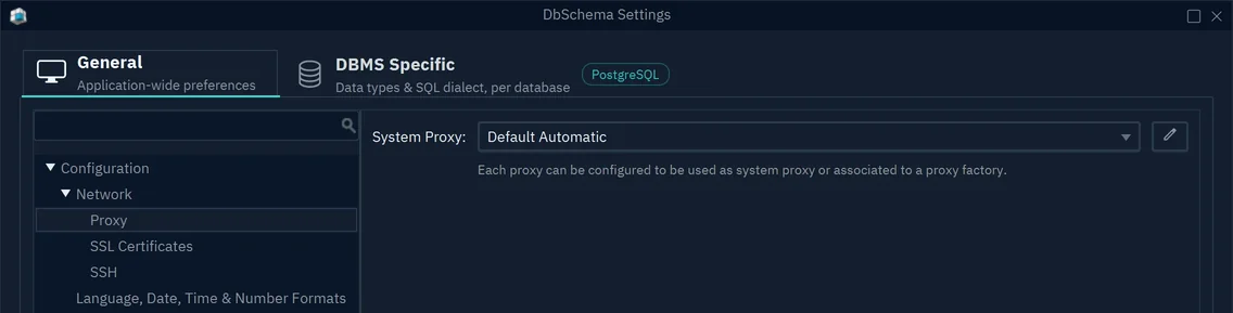 DbSchema Settings with Network open: the Proxy, SSL Certificates and SSH pages, and the System Proxy set to Default Automatic
