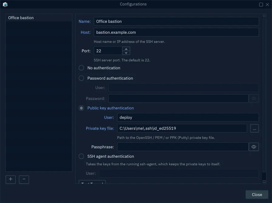 The SSH configuration Office bastion: host bastion.example.com, port 22, Public key authentication with user deploy and a private key file