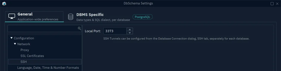 DbSchema Settings, Network, SSH: the Local Port set to 3373
