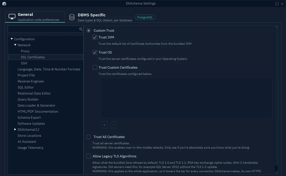 DbSchema Settings, Network, SSL Certificates: Custom Trust with Trust JVM and Trust OS ticked, Trust All Certificates, and Allow Legacy TLS Algorithms
