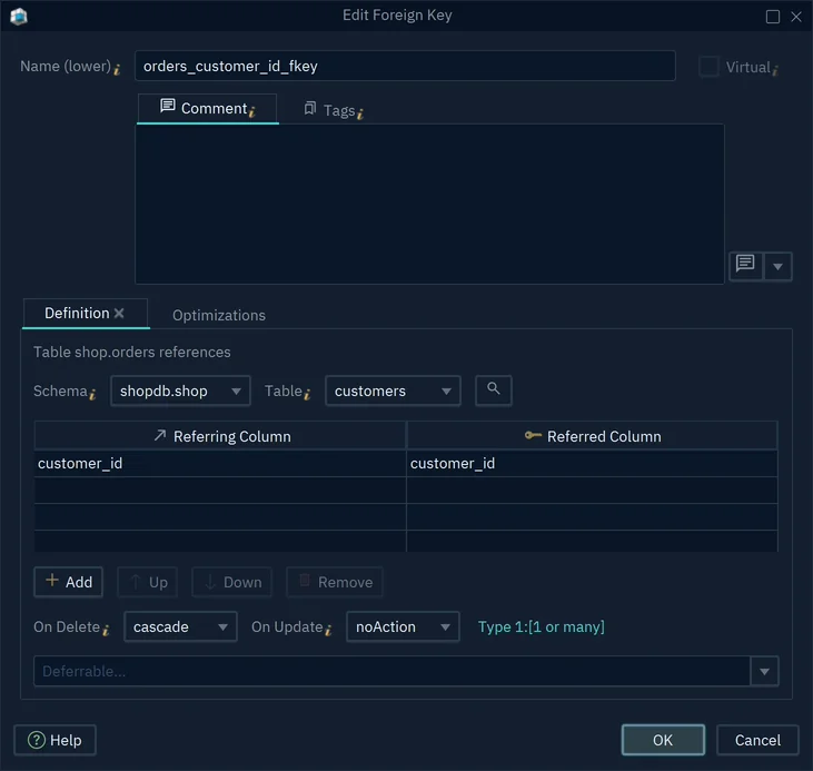 The Edit Foreign Key dialog of orders_customer_id_fkey, with the referring and referred column customer_id and On Delete set to cascade