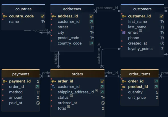 The tables countries, addresses, customers, payments, orders and order_items, with foreign key lines between them