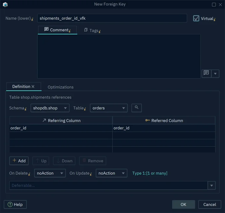 The New Foreign Key dialog for shipments_order_id_vfk with Virtual ticked