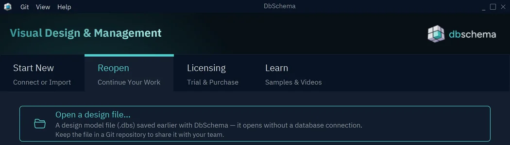 The Reopen tab of the Welcome Screen, which opens a design model file without a database connection