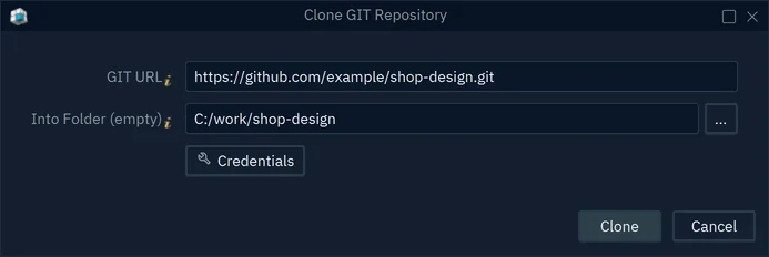 The Clone GIT Repository dialog with a GitHub URL and the folder C:/work/shop-design