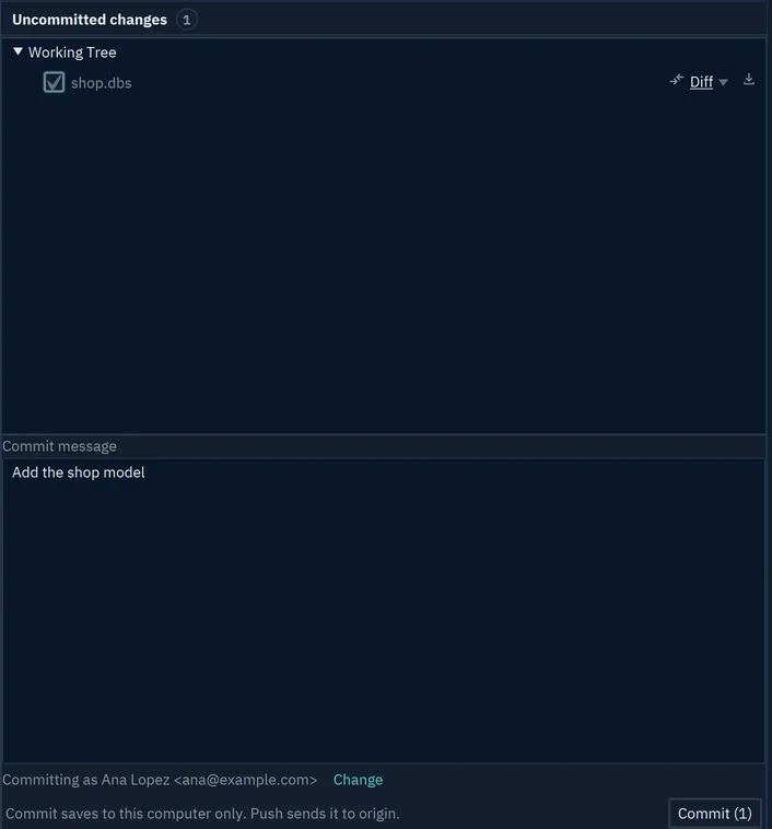 The Uncommitted changes panel with shop.dbs ticked, the commit message Add the shop model, and the Commit (1) button