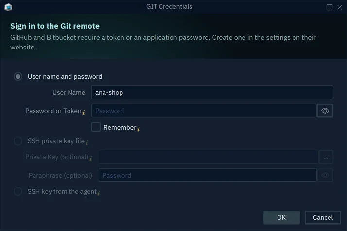 The GIT Credentials dialog with User name and password chosen, the user ana-shop, and the SSH options