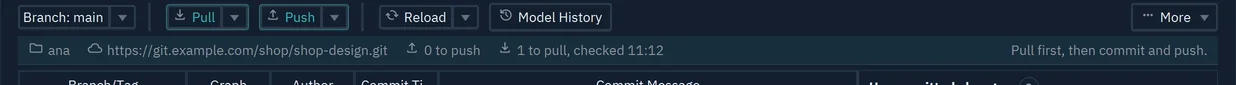The bar of the Git dialog: 0 to push, 1 to pull, checked 11:12, and Pull first, then commit and push