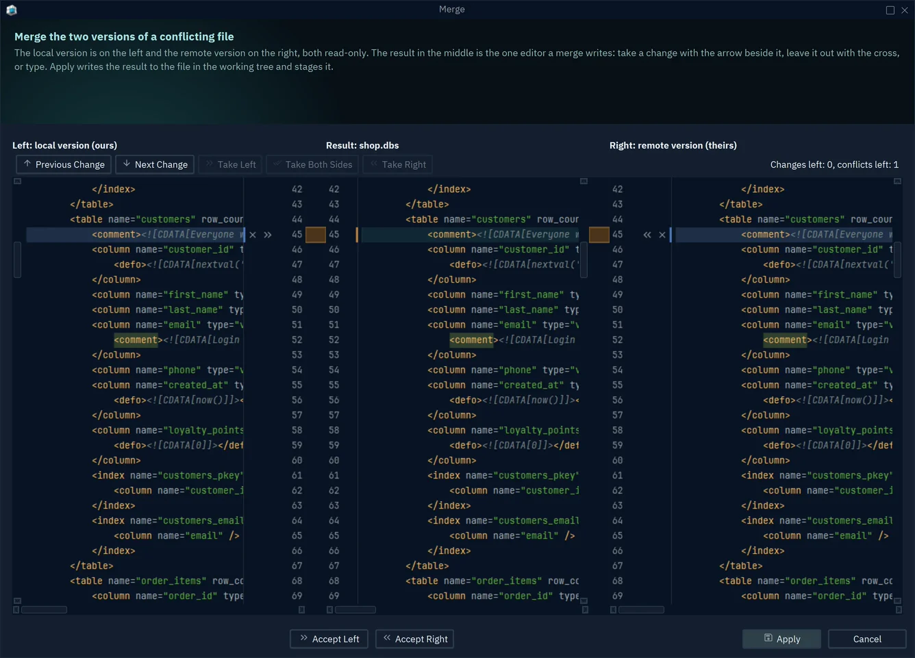 The Merge window: the local version on the left, the result in the middle, the remote version on the right, with the conflicting comment line marked