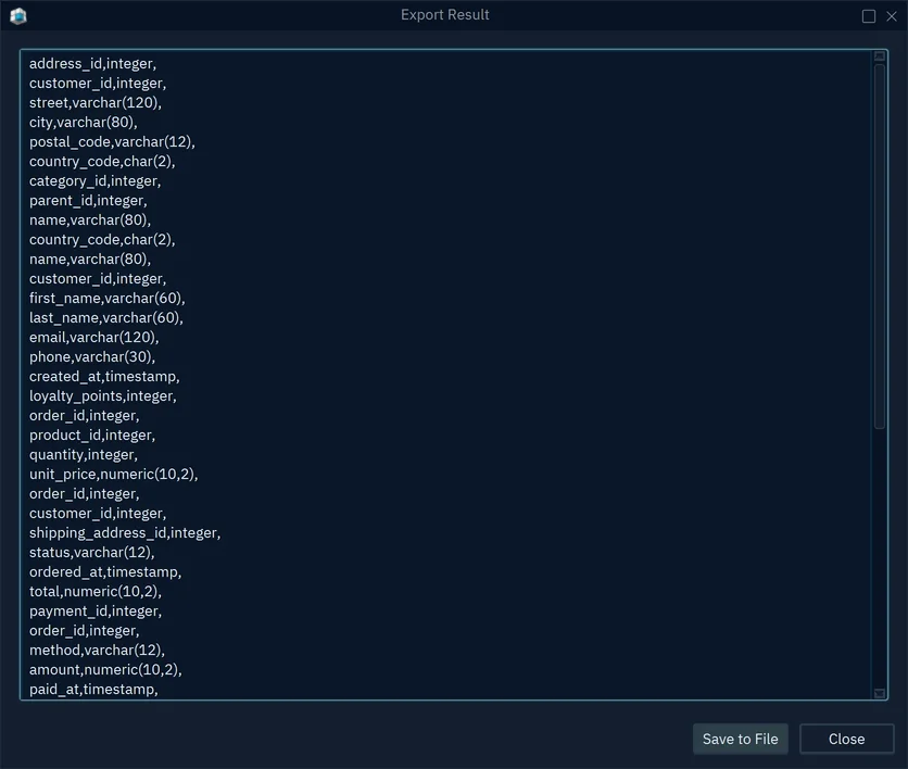 The Export Result window with one line per column: address_id,integer, customer_id,integer and so on