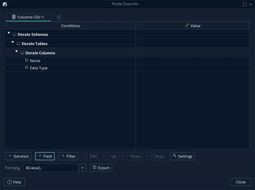 The Model Exporter with the definition Columns CSV: Iterate Tables, Iterate Columns, and the fields Name and Data Type