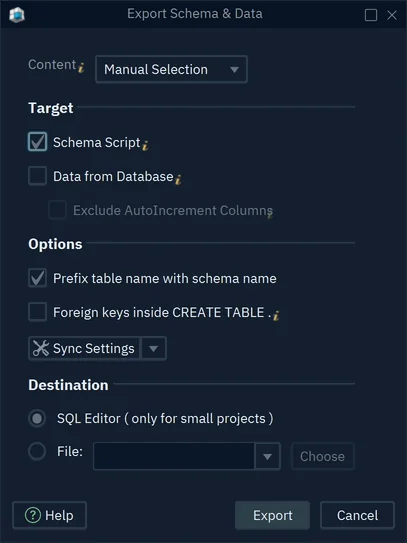 The Export Schema and Data dialog with Schema Script ticked and the SQL Editor as destination