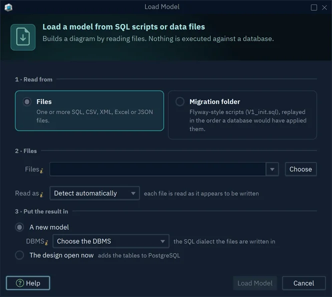 The Load Model dialog: read from Files or a Migration folder, then put the result in a new model or the design open now