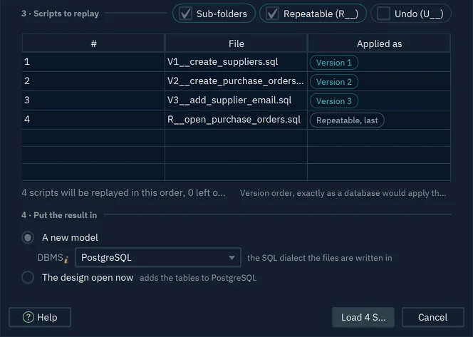 The scripts to replay: V1, V2 and V3 as versions and R__open_purchase_orders.sql as repeatable, applied last